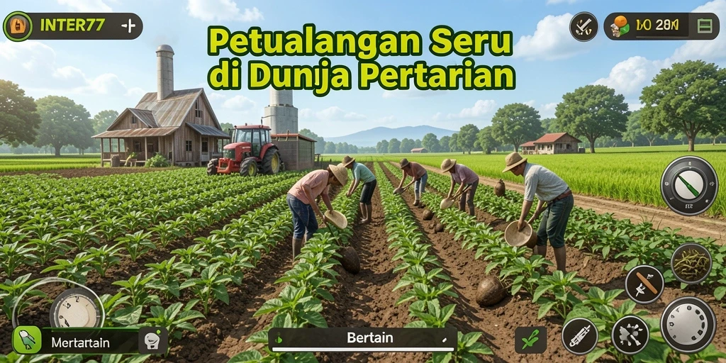 Antarmuka INTER77 menampilkan lahan pertanian yang luas dan beragam kegiatan bertani.